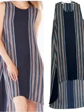 BCBGMaxAzria Navy Multistripe High-Low Sleeveless Dress